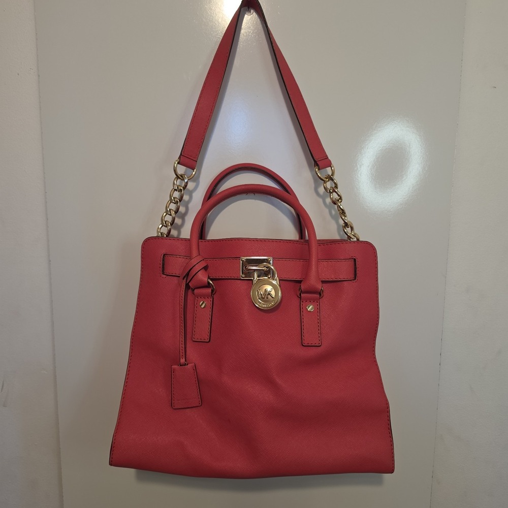 Michael Kors Hamilton Leather Satchel Red Gold Chain Lock Shoulder Bag